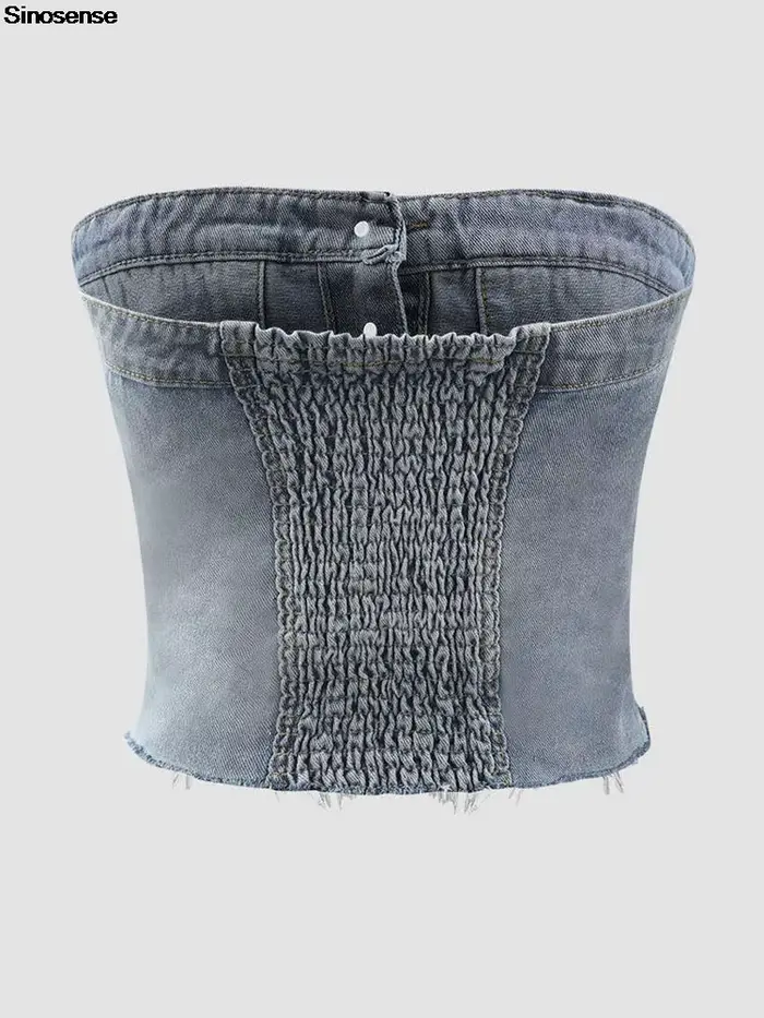 Haut court en denim sans bretelles pour femme
