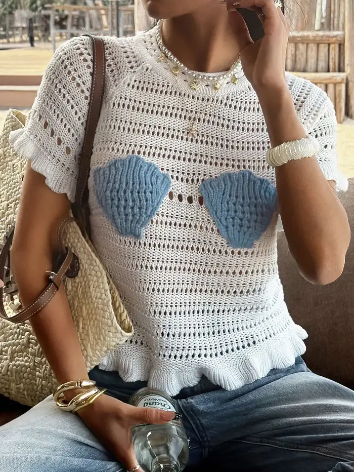 T-shirt style plage été 2026 pour femme, haut ample en crochet ajouré avec patchwork coquillage, man