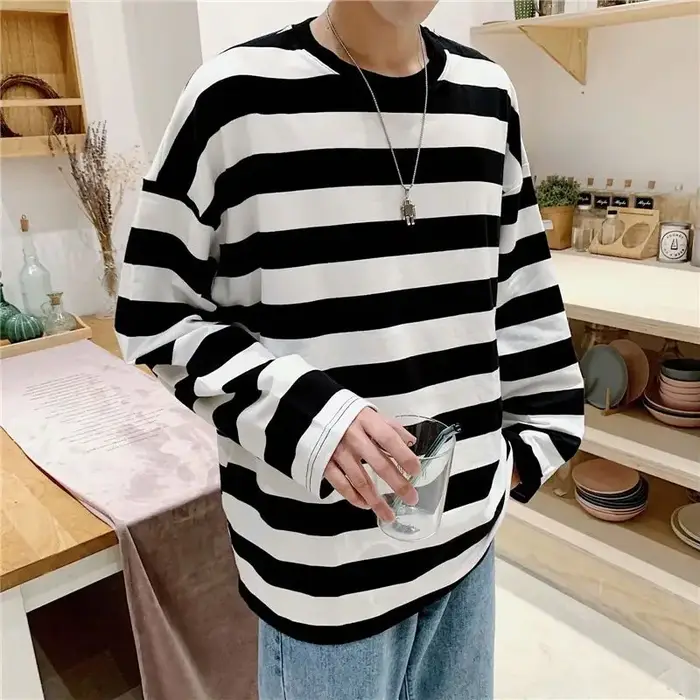 T-Shirt rayé à manches longues pour hommes, haut ample et décontracté pour étudiants adolescents, mo