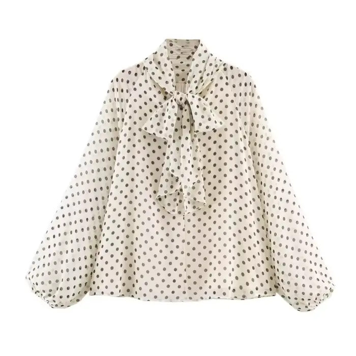 Femmes à pois imprimé Blouse décontracté col haut à manches longues dame