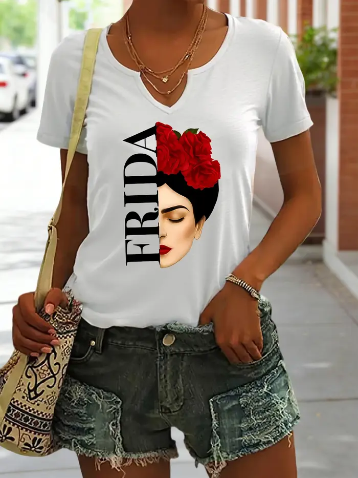 T-shirt d'été à manches courtes et col en v pour femmes