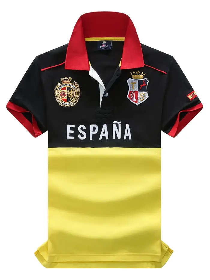 Polo Homme Espagne Manches Courtes Coton Brodé avec Fente Couleur Contrastante Design Original Loisirs Sport Fête