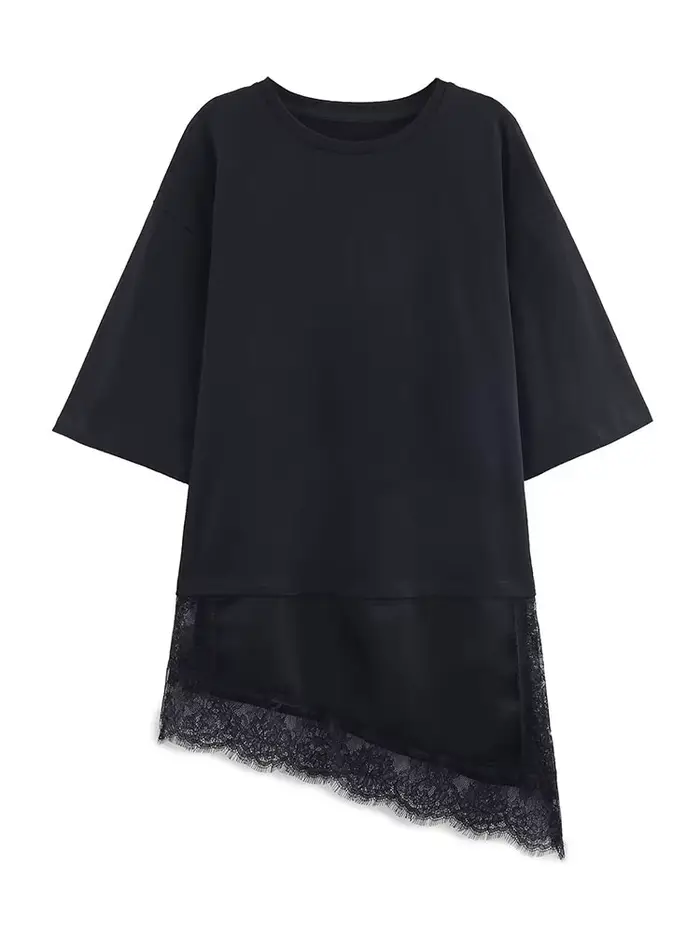 T-shirt asymétrique vintage pour femme avec empiècement en dentelle satinée, coupe ample, idéal pour