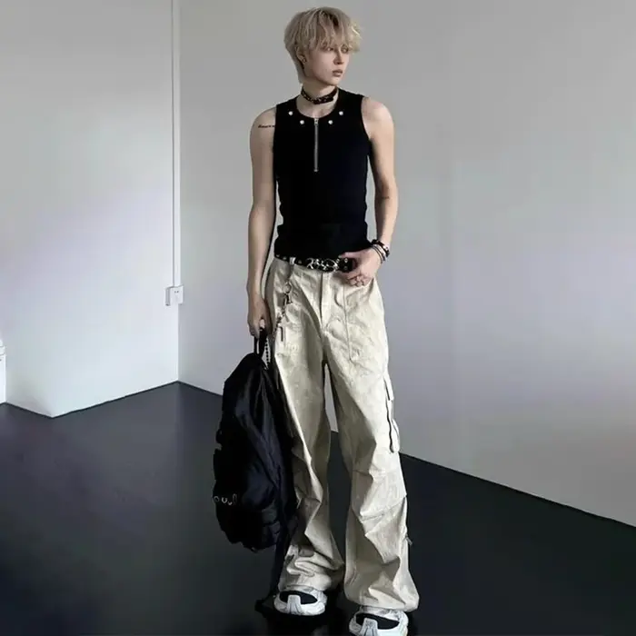 LUZHEN fermeture éclair Rivet métal décorer couleur unie vêtements de rue hommes 2025 été mince sans manches T-shirts à la mode débardeurs JY2794