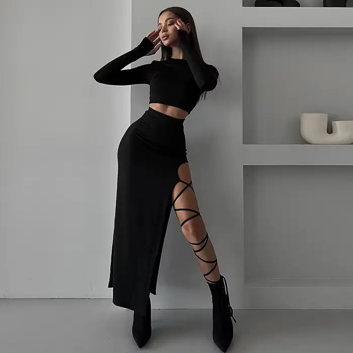 Haut à manches longues et col rond pour femme, couleur unie, décontracté, à la mode et sexy, avec br