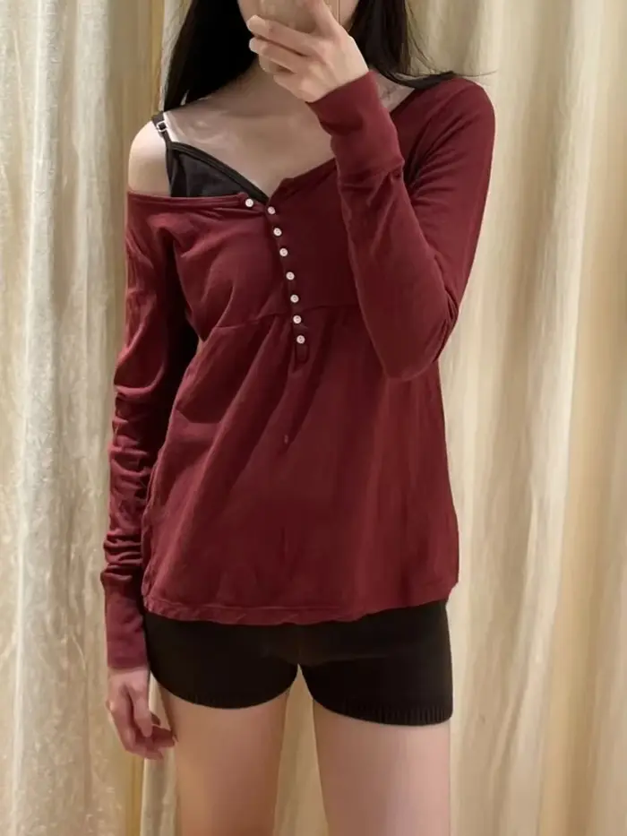 T-shirts à manches longues bordeaux pour femme