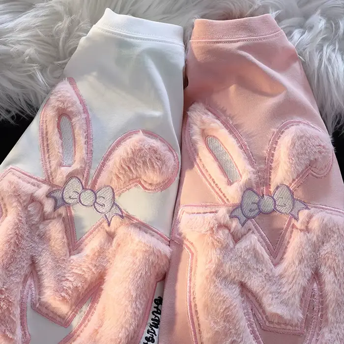 Coton flocage lapin oreille à manches courtes T-shirt femmes nouvel été polyvalent haut rose mignon flocqué