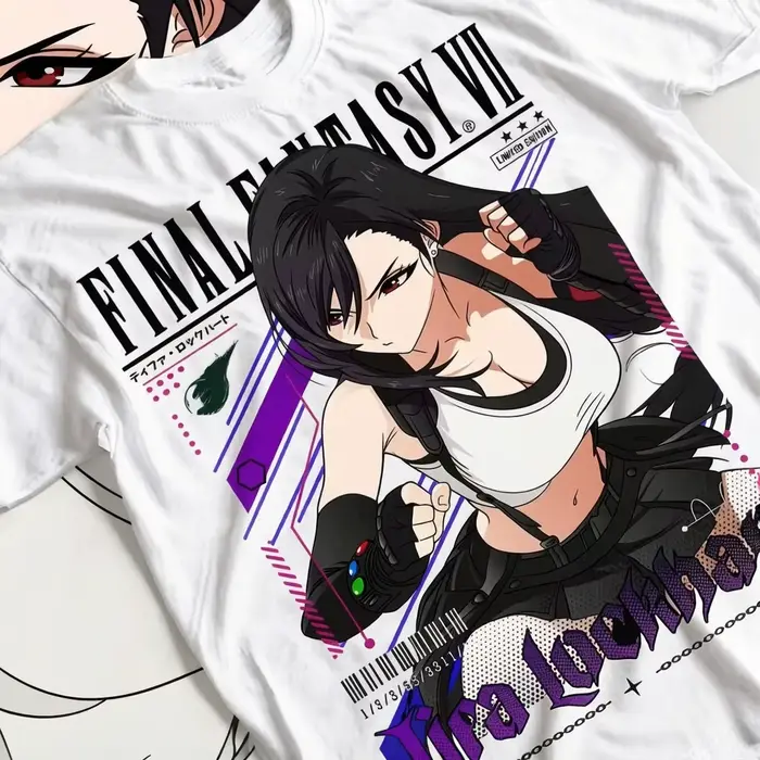 T-shirt Final Fantasy VII été 2026, imprimé Tifa Lockhart aux cheveux noirs, motif de combat, en cot