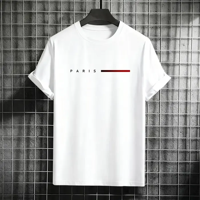Hommes 100% coton été ample PARIS lettre créative imprimer décontracté coupe ajustée col rond manches courtes T-shirt haut