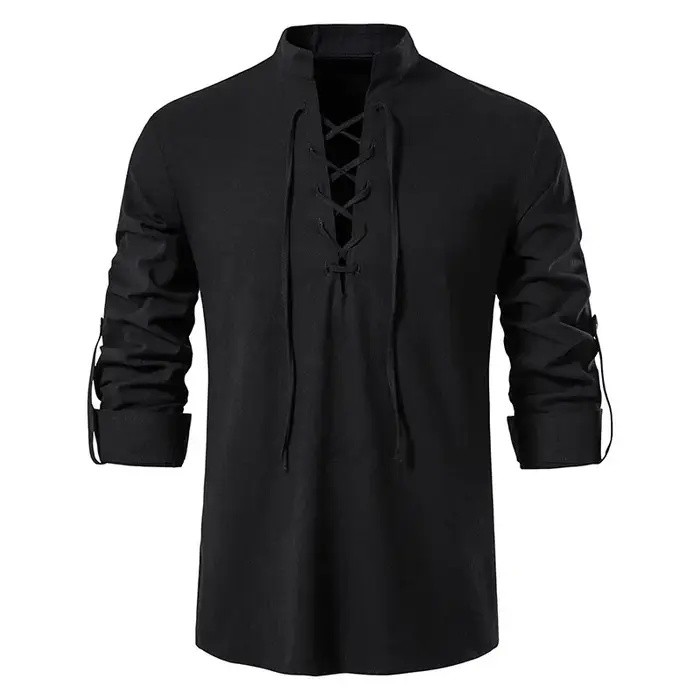 T-shirt en coton et lin à manches longues pour hommes, chemise à lacets décontractée, col Henley, co