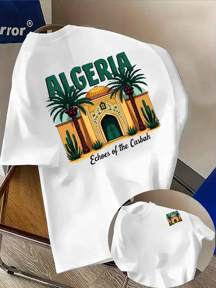 T-shirt pour homme en coton 100% à thème Algérie vibrante avec imprimé graphique architecture casbah et palmiers