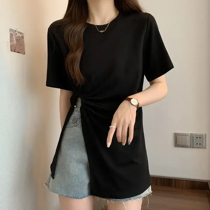 T-shirt long décontracté pour femme, design fendu sur le côté, plis sexy, pur, simple, tout match, s