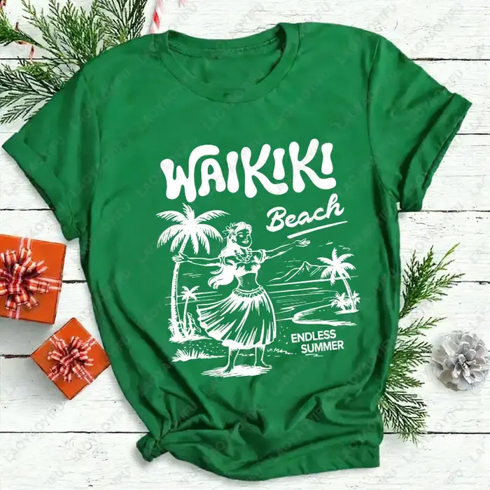 Waikiki chemise de plage Hawaii graphique T-Shirt Hula Girl Vintage île