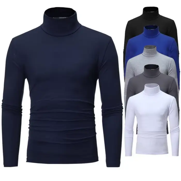 T-shirts à col haut pour hommes mode solide mince à manches longues T-shirt mâle