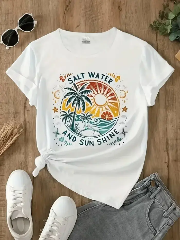 T-shirt de plage tropical beige clair pour femme - Haut d'été à manches courtes et col rond avec motif palmier et ambiance estivale pour le printemps et l'été