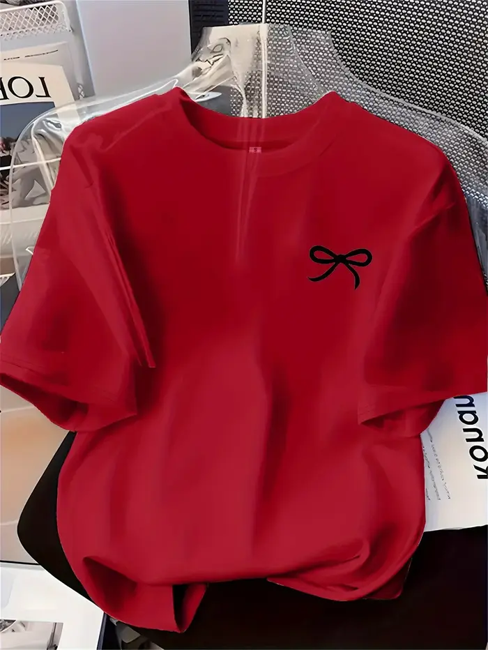 Nouveau T-shirt pour femme noir imprimé nœud style simple décontracté mode manches courtes