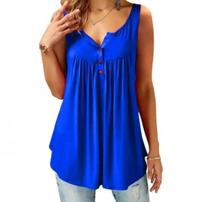 Femmes chaudes débardeur ample solide col en U femme Camisole sans manches plissé débardeur dames bouton 2020 été femmes gilet ample