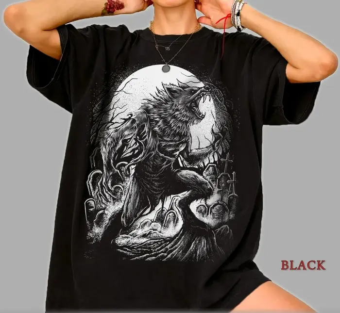 T-shirt graphique Loup-garou, T-shirt gothique d'horreur, T-shirt Lune de Loup de la fantaisie sombr