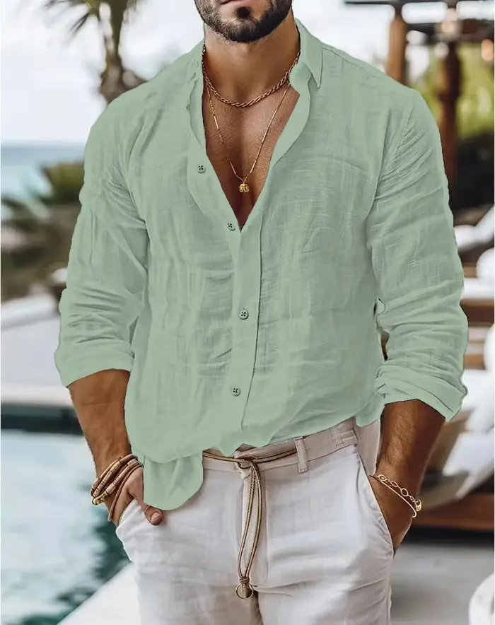 Chemise à manches longues pour hommes, mélange de coton et de lin, couleur unie, respirante, absorba