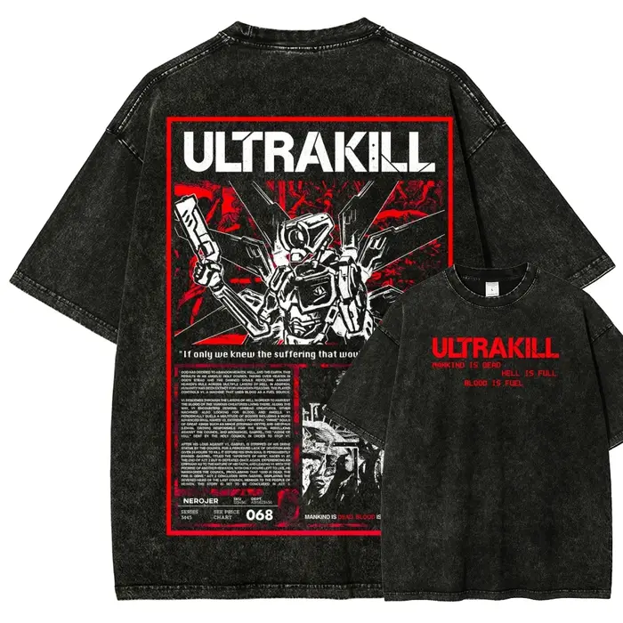 T-shirt délavé modèle Ultrakill, vêtement de personnalité pour les fans d'anime, coupe oversize, uni