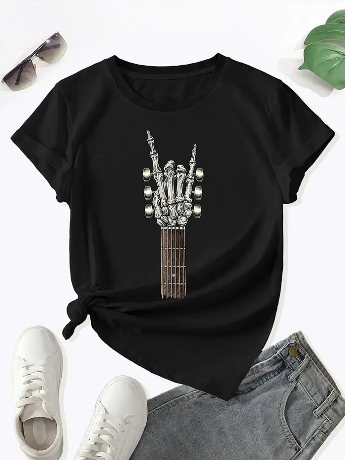 Rock sur guitare imprimé col rond T-shirt printemps été Harajuku manches courtes haut décontracté Vintage graphique vêtements pour femmes
