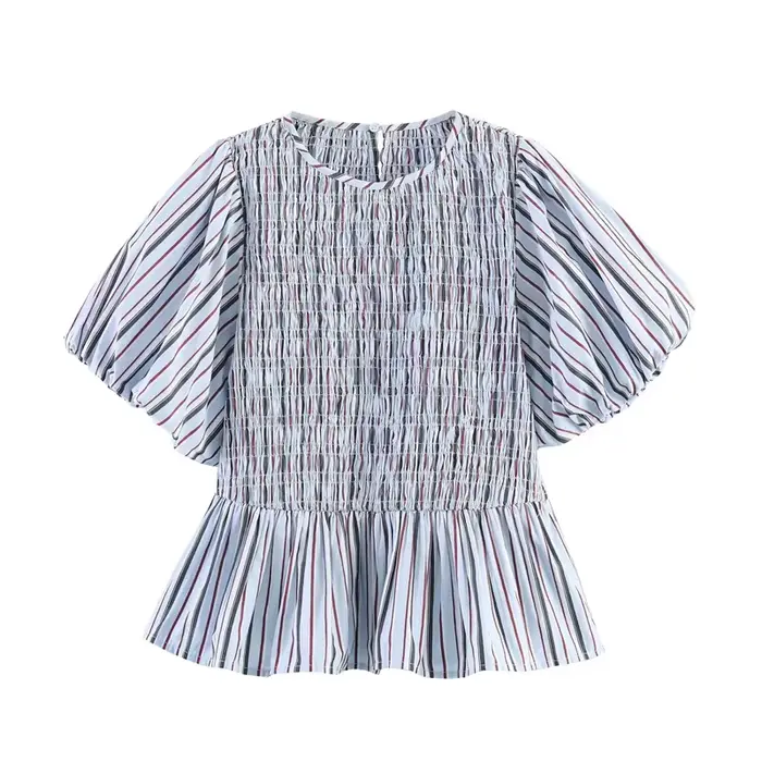 Haut pour femme 2026 Nouvelle collection été à manches bouffantes et rayures nid d'abeille, style dé