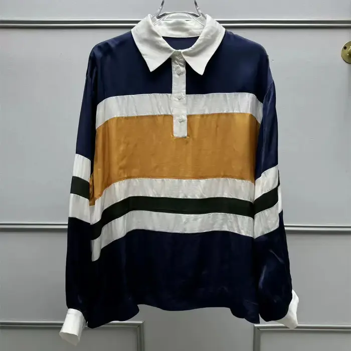 T-shirt à manches longues pour femmes, rayures de couleur contrastée, col rabattu, coupe ample, débu