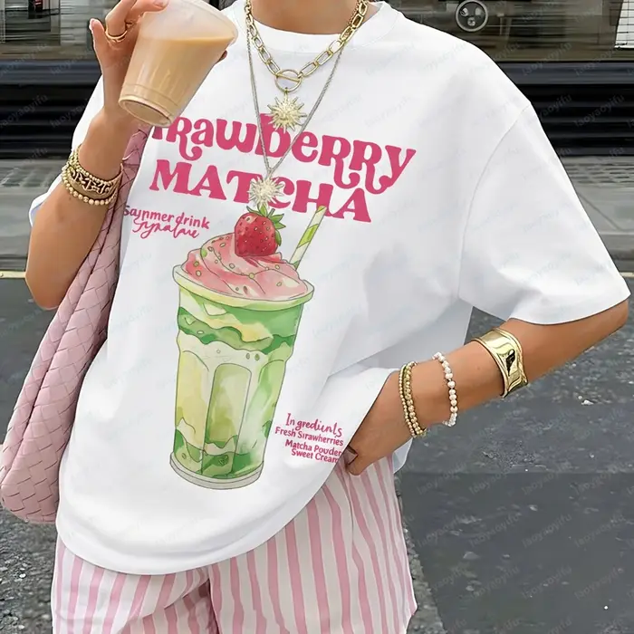 T-shirt imprimé thé Matcha fraise à manches courtes et col rond