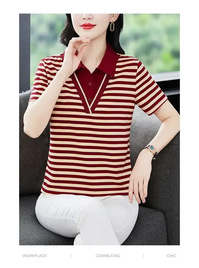 Polo rayé pour femme, haut décontracté d'été avec col contrastant et devant boutonné, pour femmes d'âge moyen