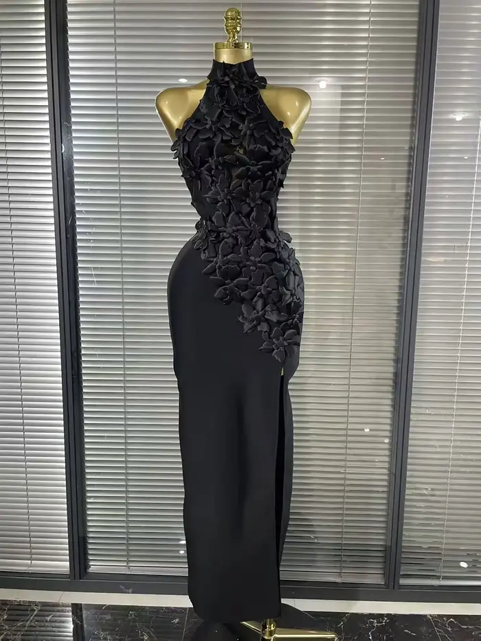 Rouge noir femmes sans manches Sexy hors de l'épaule moulante pansement longue robe florale élégante soirée mariage sirène porter