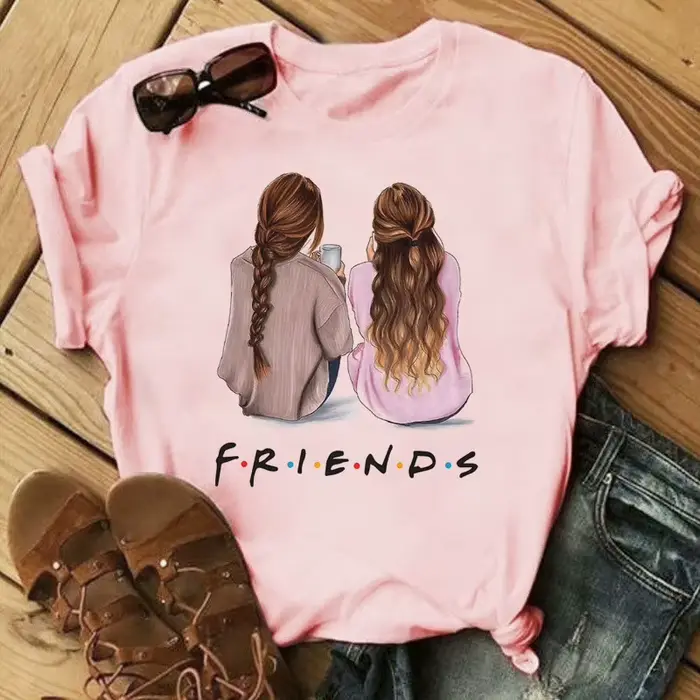T-shirt à col rond imprimé dessin animé Good Friends pour femme, haut graphique, manches courtes, dé
