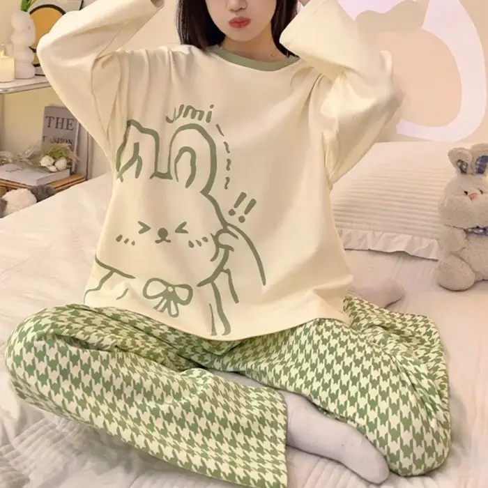 Pyjama deux pièces à manches longues pour femmes, coupe ample, grande taille, en coton, tissu doux, 