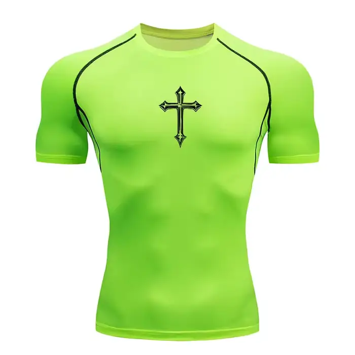 T-shirt de compression imprimé croisé pour hommes, T-shirt athlétique chrétien, hauts de sport, sous-vêtements de gym, de course, de musculation, sous-maillots, Rash Guard