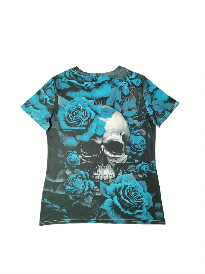 T-shirt pour femme - Motif tête de mort et rose turquoise