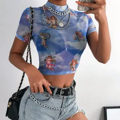 T-shirt manches courtes col montant femme