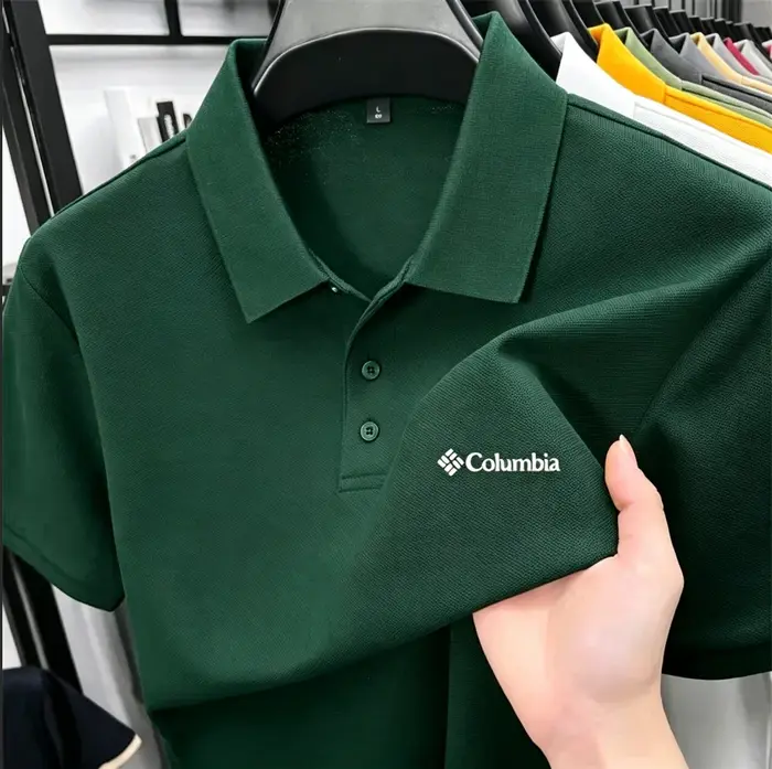 Chemises polo pour hommes, col solide, coton piqué, logo Columbia brodé sur la poitrine, manches cou
