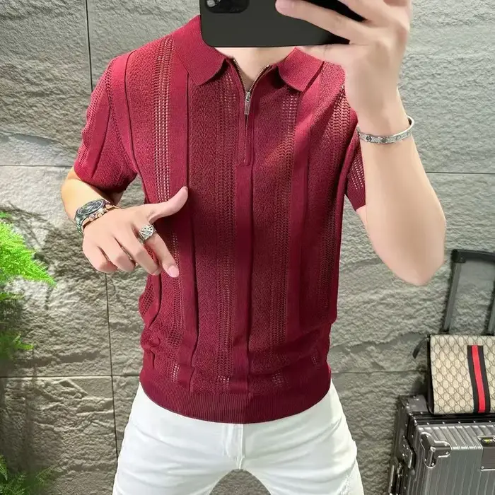 Polo tricoté à fermeture éclair pour hommes