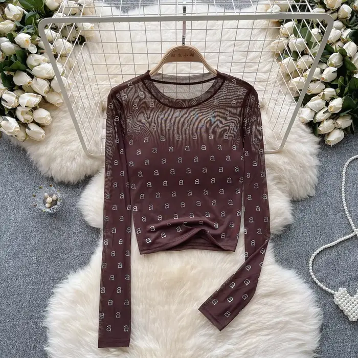 T-shirt manches longues col rond femme, chic, transparent, gaze, lettre biscuits, solide, slim, sexy