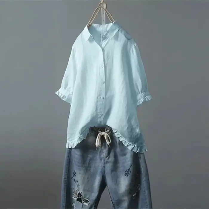 Chemise en coton et lin à manches courtes pour femme