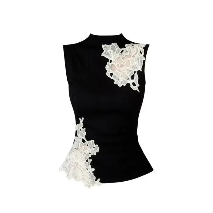 Nouveau débardeur noir en dentelle patchwork sans manches pour femme