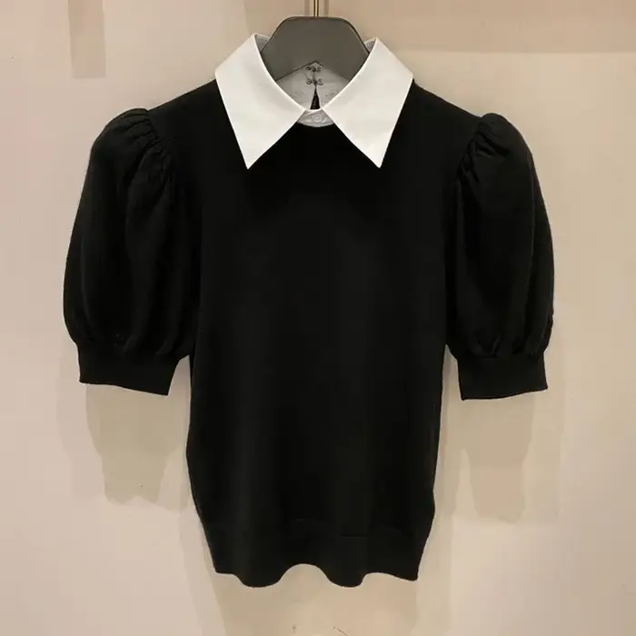 T-shirts en maille coréens pour femme, style vintage, faux deux pièces, crop tops à manches bouffant