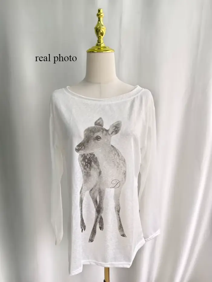 Kimotimo T-shirt Femme Été Imprimé Épaules Dénudées Manches Longues 2026 Nouveau Décontracté Transparent Ample Style