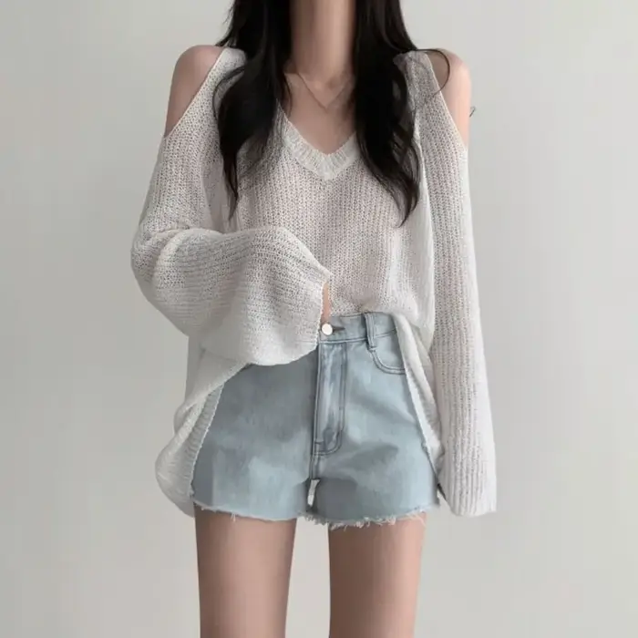 T-shirt long chic en maille ajourée à manches longues