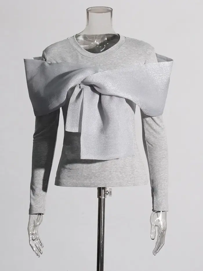 TWOTWINSTYLE Solide Patchwork Bowknot Minceur T-shirt Pour Les Femmes Col Rond À Manches Longues Min