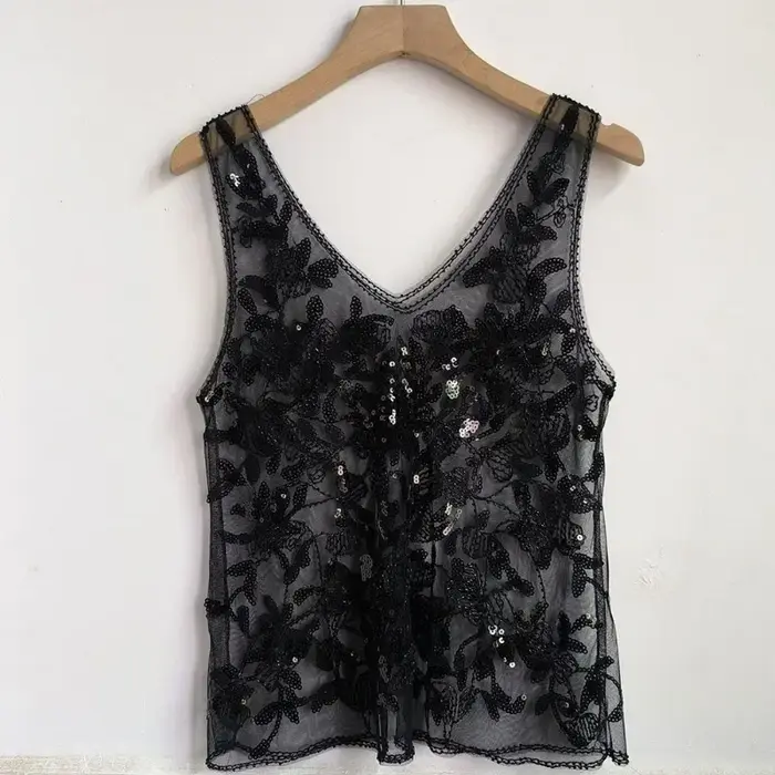 Paillettes perles Style français 2025 été nouveau gilet sans manches coupe ajustée Perspective Sexy Chic Ins mince débardeur ample