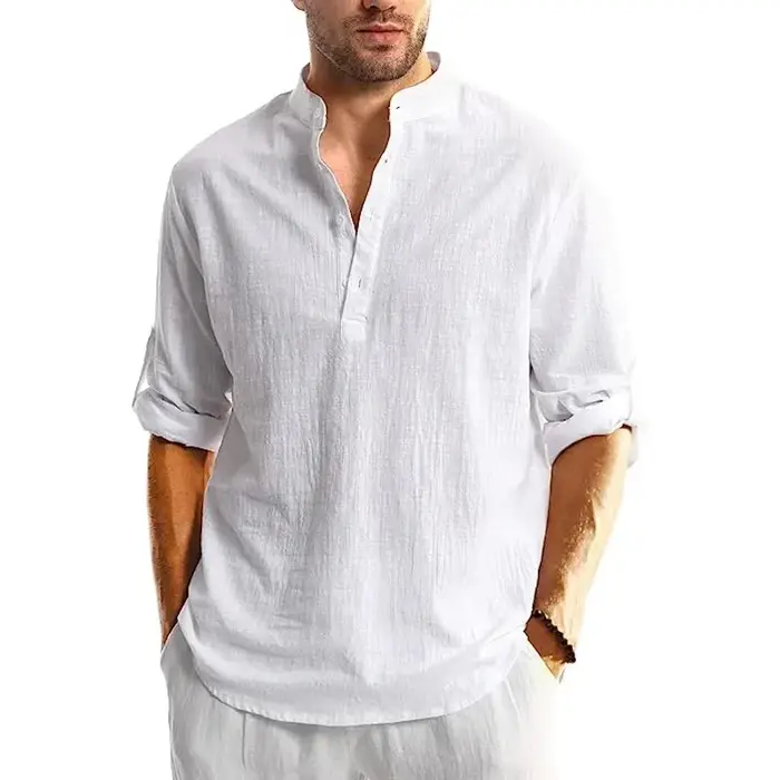 Nouveaux hommes lin coton t-shirts à manches longues boutonné chemises Henley plage
