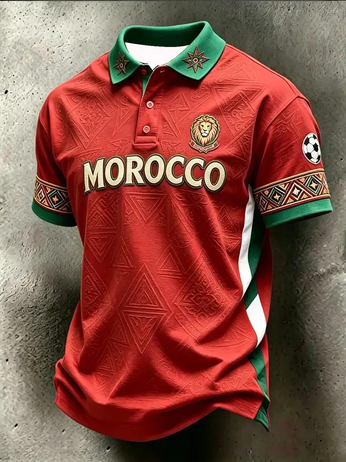 Polo de football marocain modèle 2026 - Impression 3D - Confortable et respirant - Convient aux hommes et aux femmes
