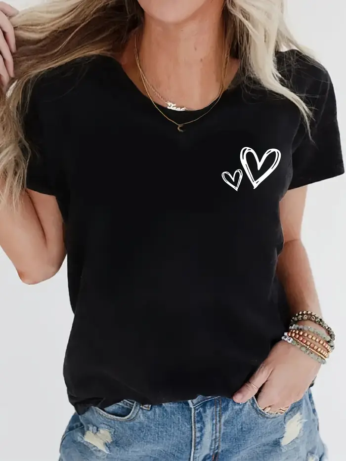 Tissu avec coeurs blancs, col rond, tenue de sport d'été décontractée, T-Shirt à manches décontracté