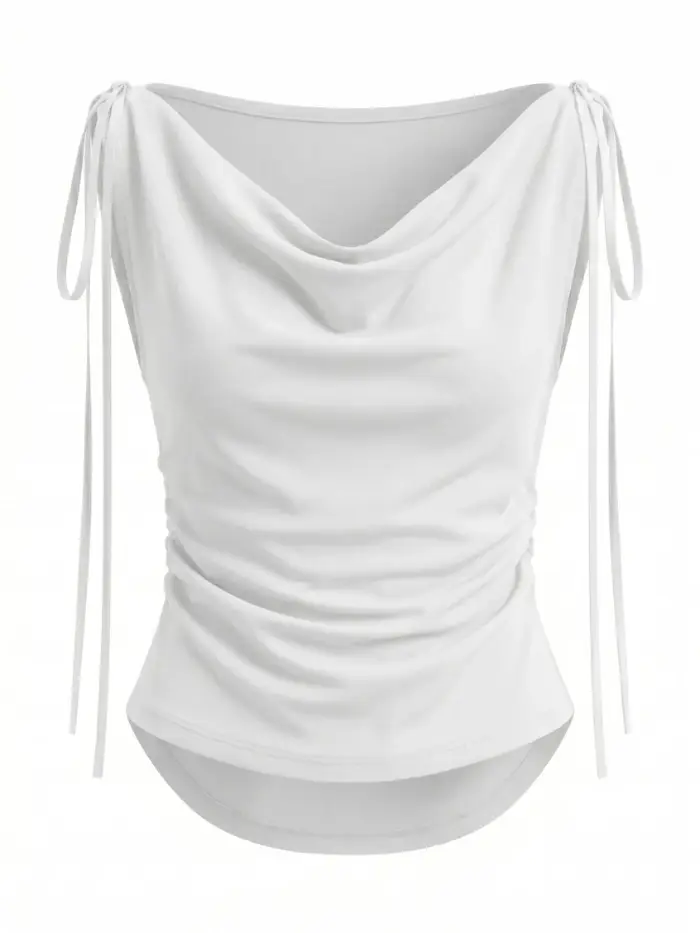 T-shirt femme blanc uni polyvalent à col bénitier Y2K, coupe ajustée, épaules dénudées, avec cordon 