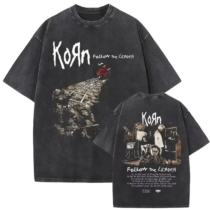 T-shirt en coton délavé vintage avec impression d'affiche classique du groupe rock Korn, nouvelle co